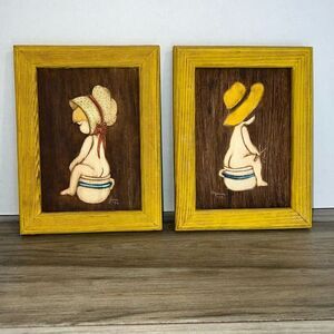 Vintage Wood Framed Paintings Boy And Girl On Chamber Pots Signed Set Of 2